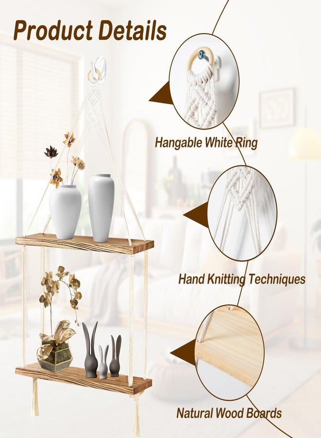 WATUNID Macrame Wall Hanging Shelves Boho Room Decor, 2 Tier Handmade Cotton Rope Rustic Wood Corner Floating Shelves with 2 Hooks, Decorative Hanging Storage Shelf for Living Room, Bathroom, Bedroom - Image 3